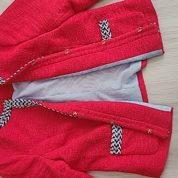 Talbots Tweed Jacket Tipped Red Blue Embroidered Trim 12 Petite preppy old money - Picture 3 of 8